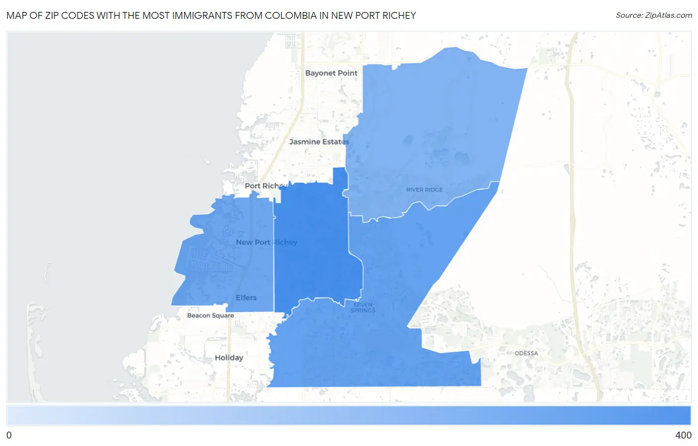 Zip Codes with the Most Immigrants from Colombia in New Port Richey Map