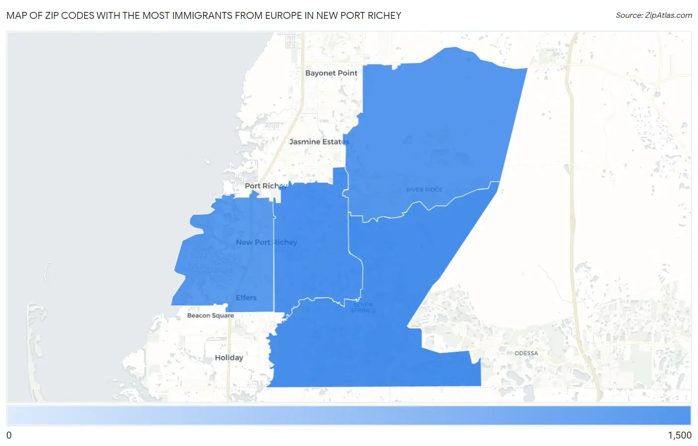 Zip Codes with the Most Immigrants from Europe in New Port Richey Map