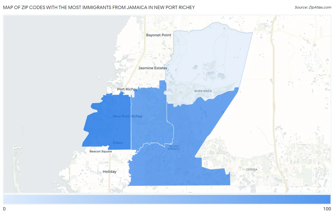 Zip Codes with the Most Immigrants from Jamaica in New Port Richey Map