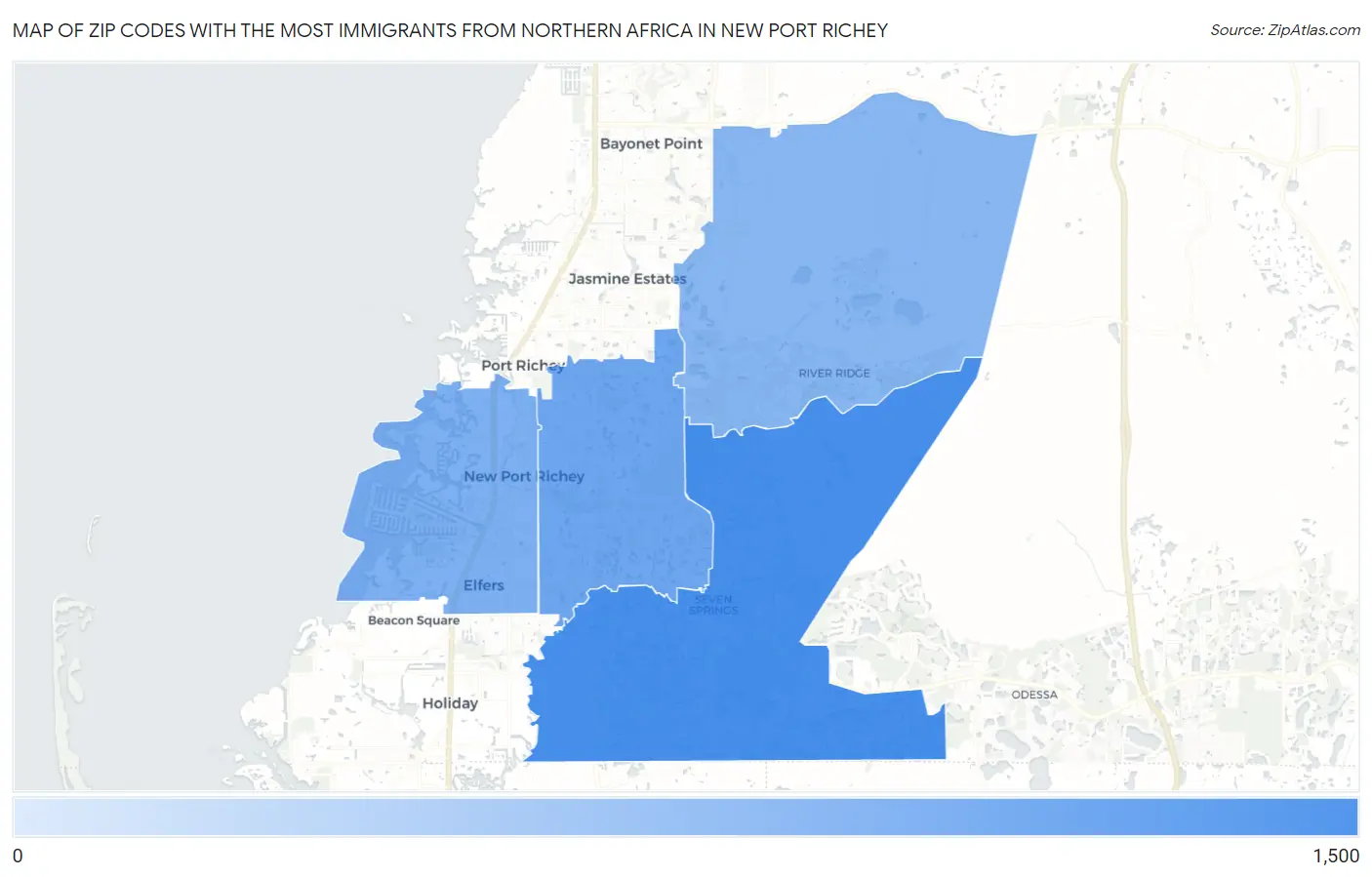 Zip Codes with the Most Immigrants from Northern Africa in New Port Richey Map
