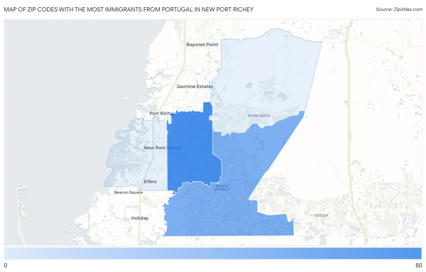 Zip Codes with the Most Immigrants from Portugal in New Port Richey Map