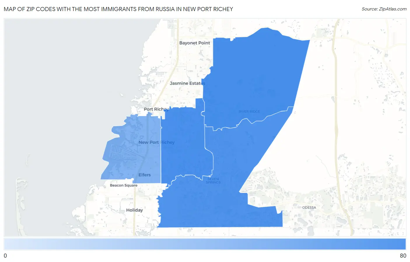 Zip Codes with the Most Immigrants from Russia in New Port Richey Map