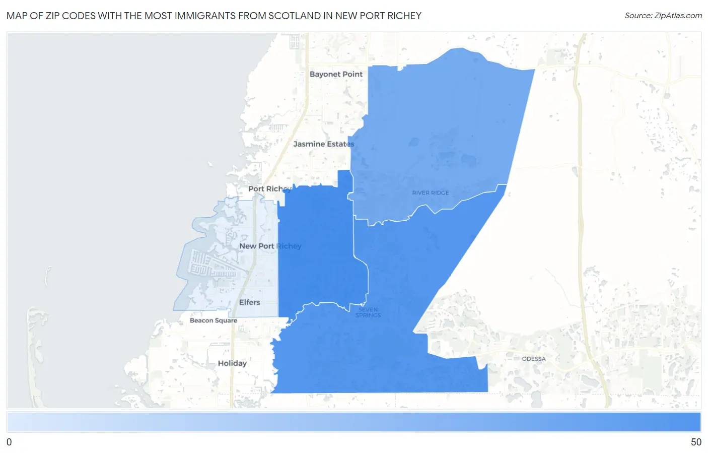 Zip Codes with the Most Immigrants from Scotland in New Port Richey Map