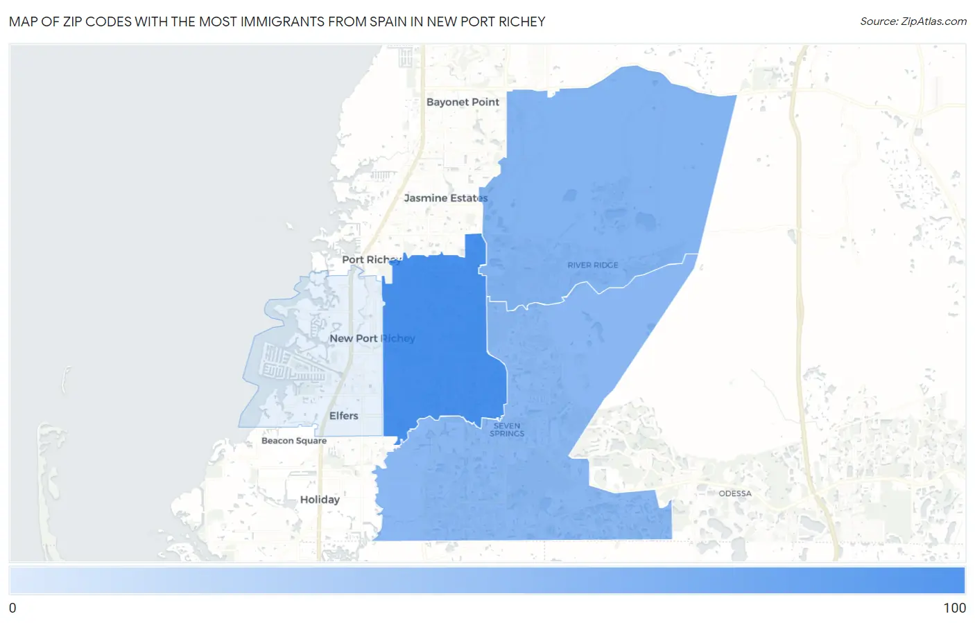 Zip Codes with the Most Immigrants from Spain in New Port Richey Map