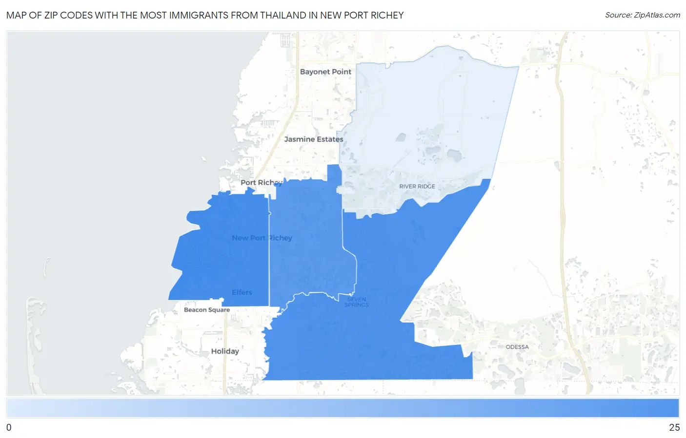 Zip Codes with the Most Immigrants from Thailand in New Port Richey Map