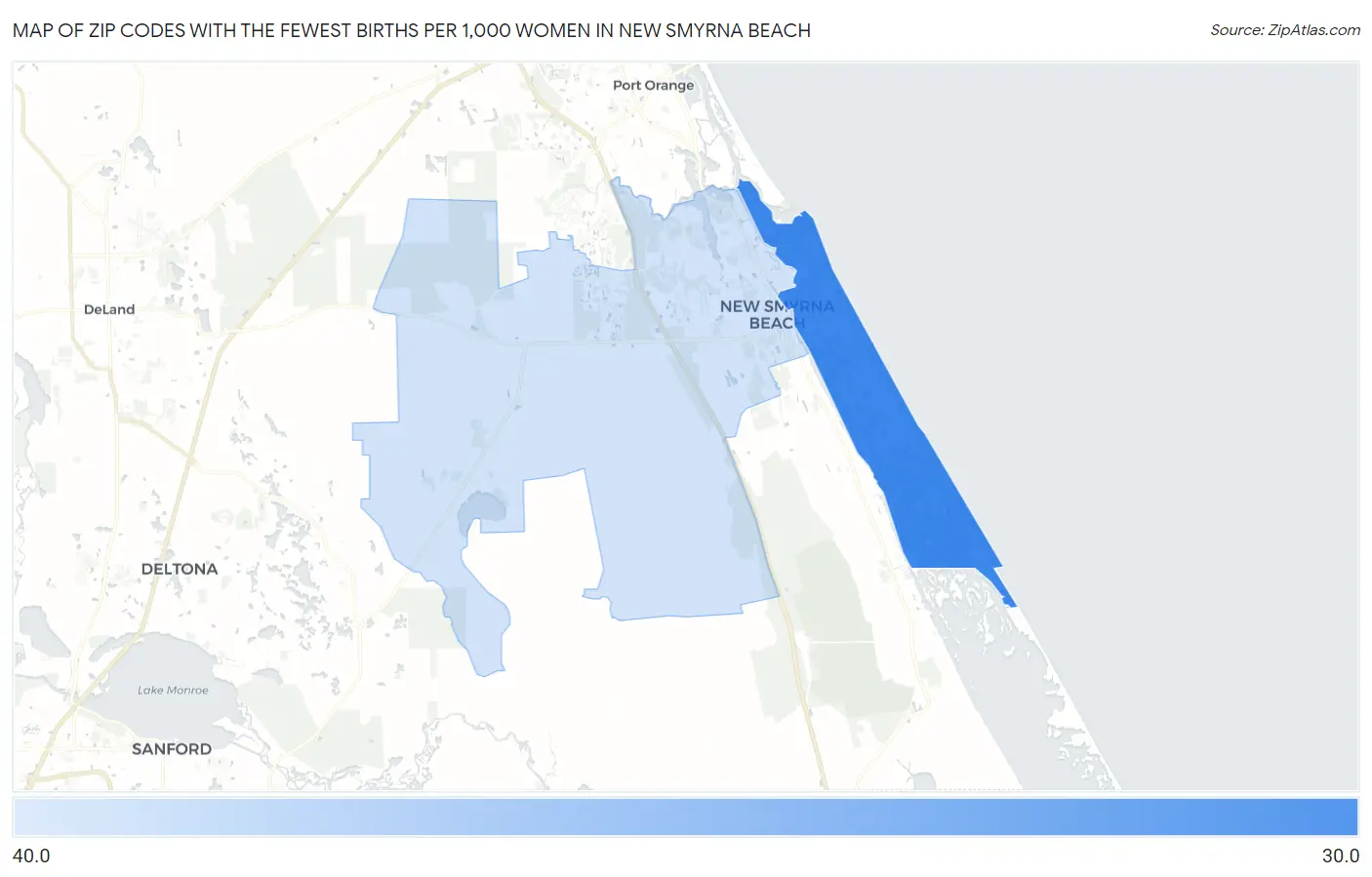 Zip Codes with the Fewest Births per 1,000 Women in New Smyrna Beach Map