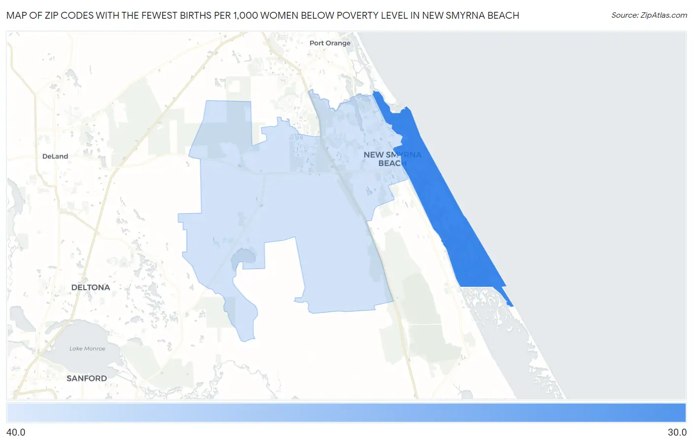 Zip Codes with the Fewest Births per 1,000 Women Below Poverty Level in New Smyrna Beach Map