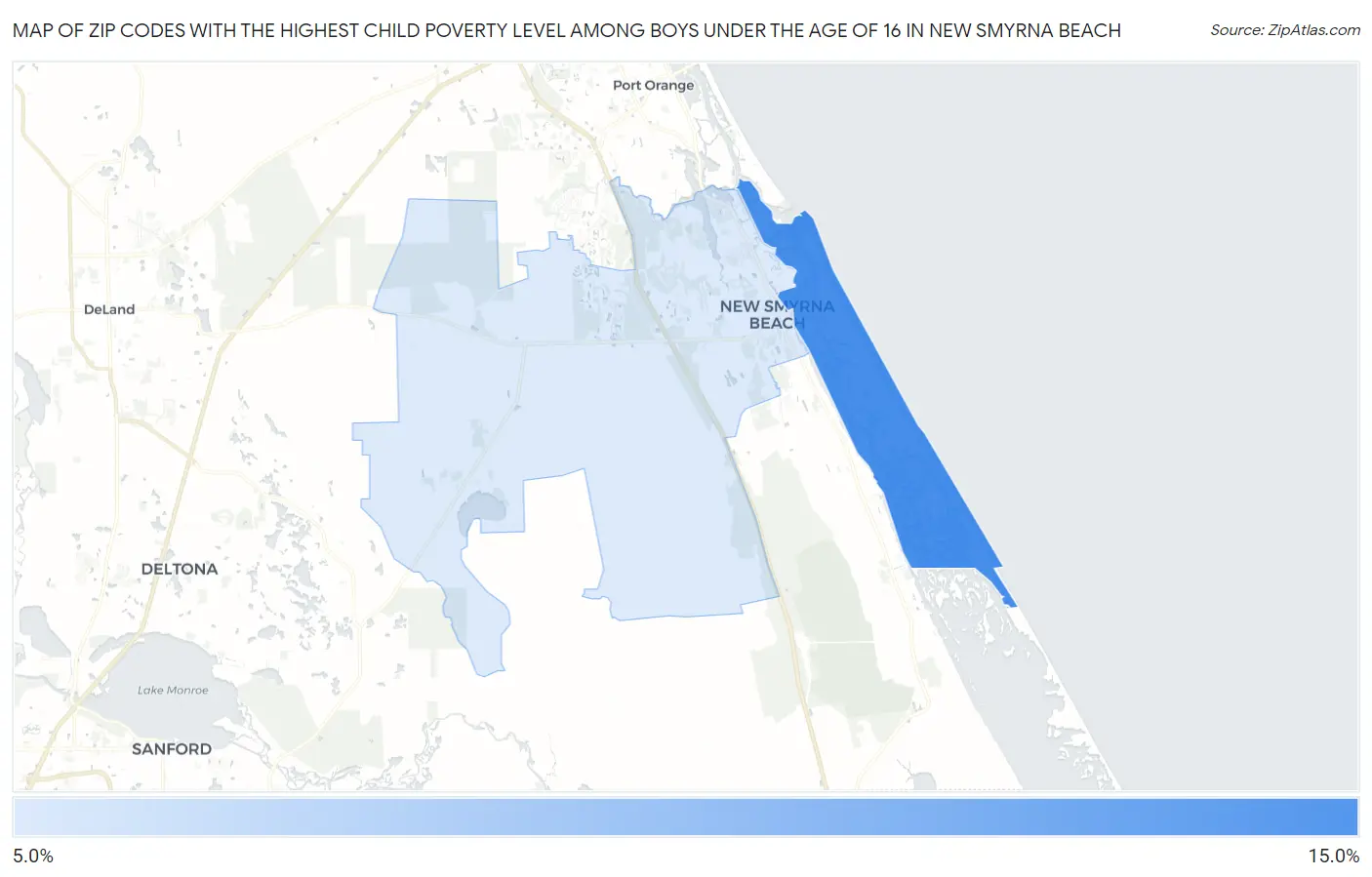 Zip Codes with the Highest Child Poverty Level Among Boys Under the Age of 16 in New Smyrna Beach Map