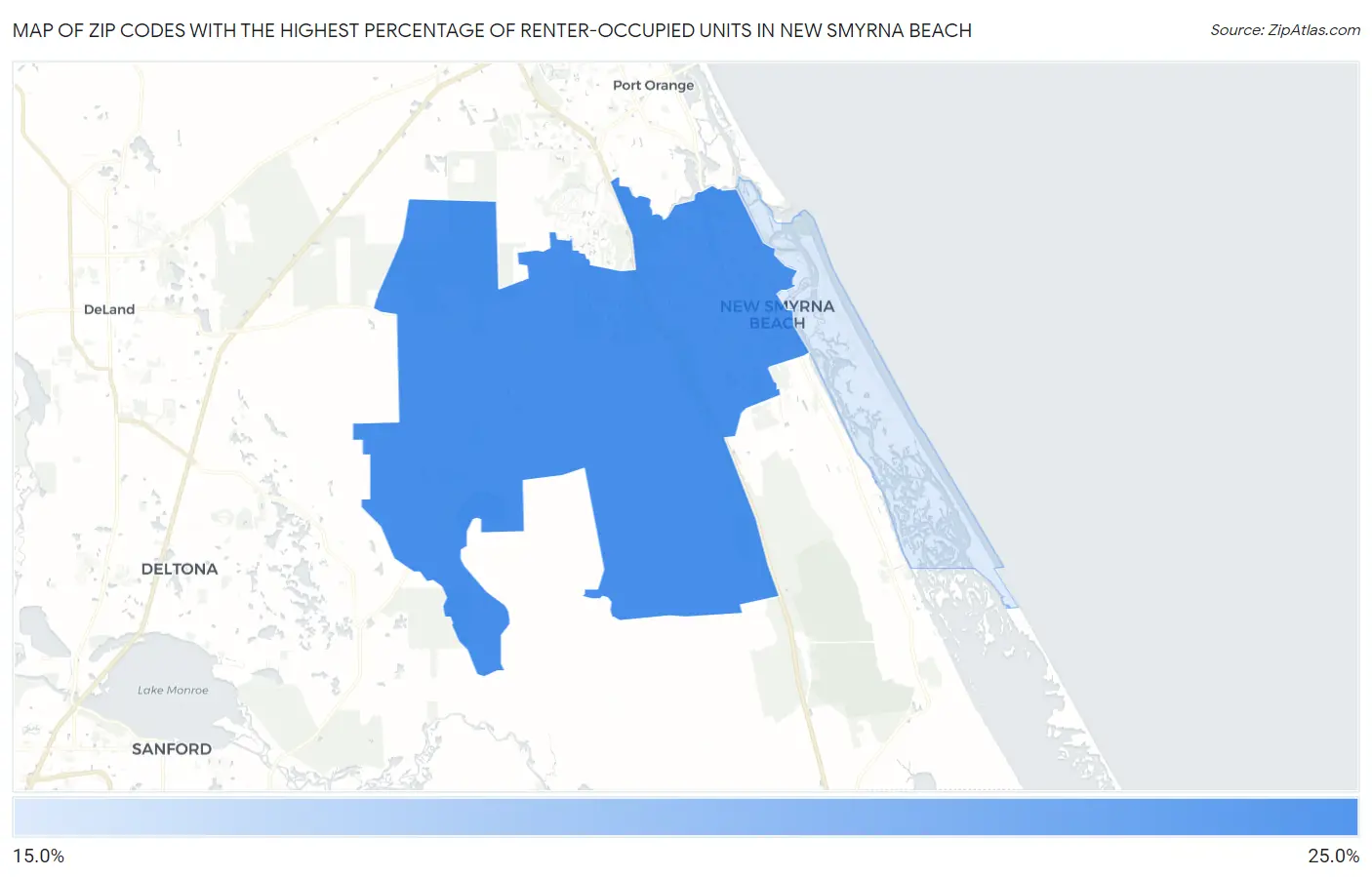 Zip Codes with the Highest Percentage of Renter-Occupied Units in New Smyrna Beach Map