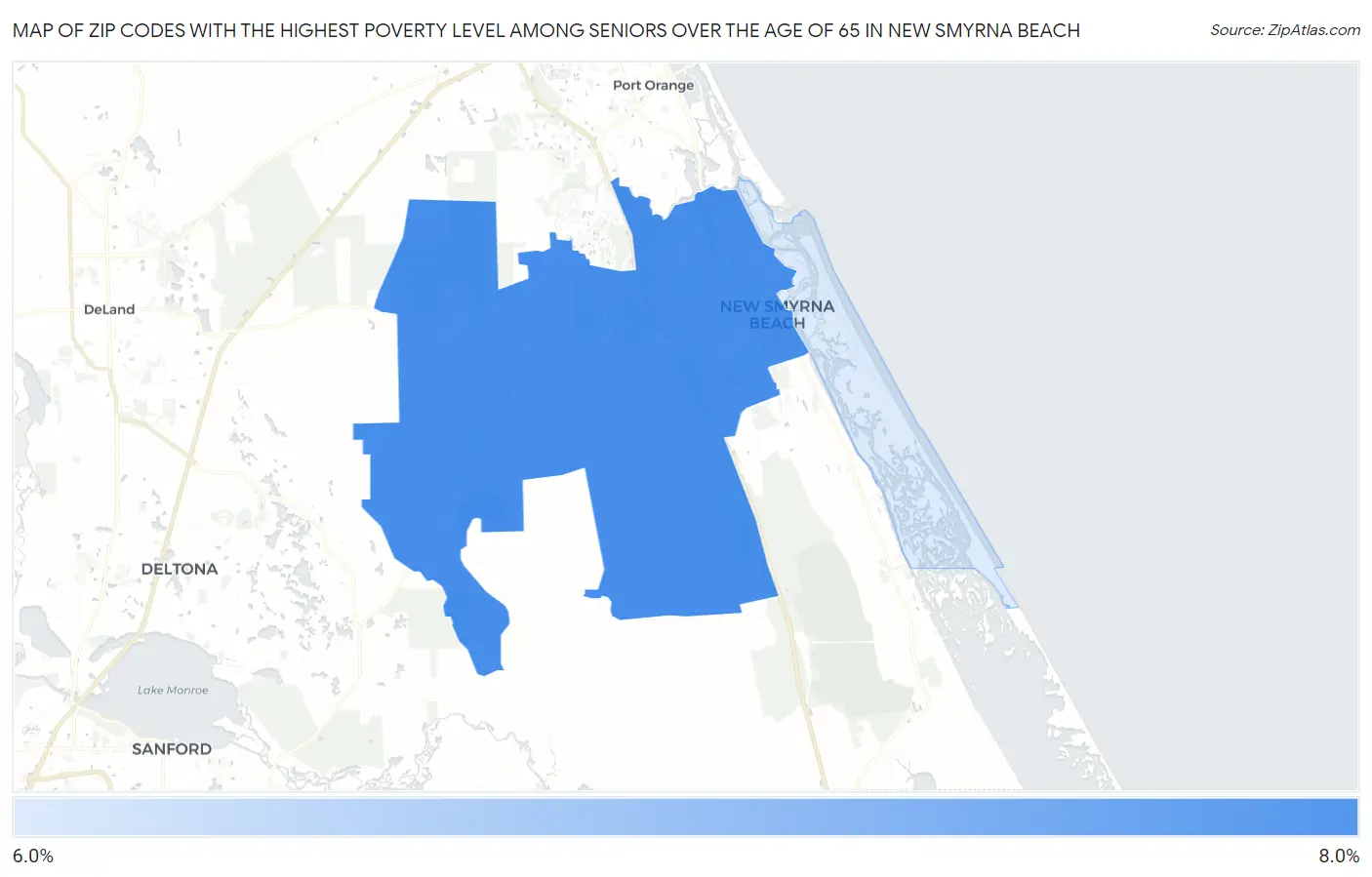 Zip Codes with the Highest Poverty Level Among Seniors Over the Age of 65 in New Smyrna Beach Map