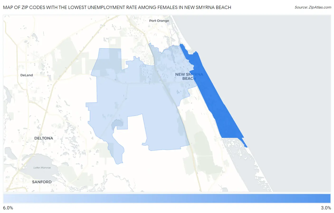Zip Codes with the Lowest Unemployment Rate Among Females in New Smyrna Beach Map