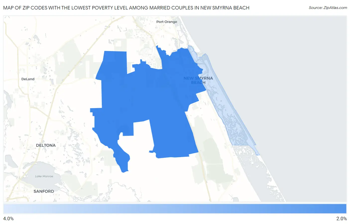Zip Codes with the Lowest Poverty Level Among Married Couples in New Smyrna Beach Map
