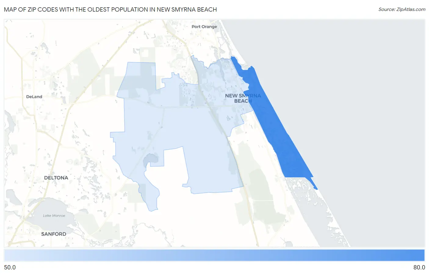 Zip Codes with the Oldest Population in New Smyrna Beach Map