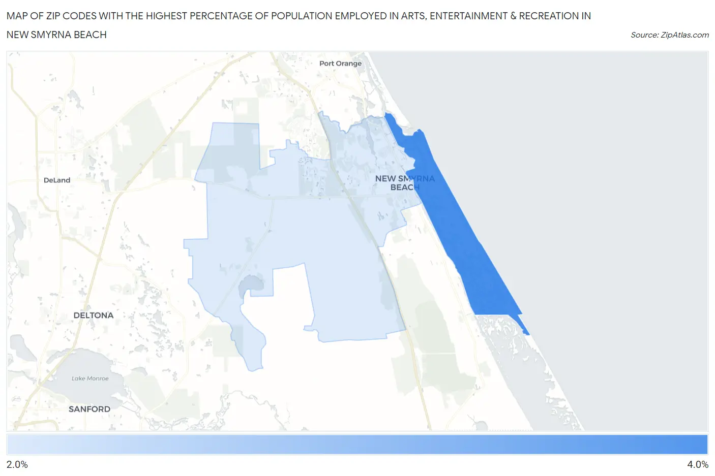 Zip Codes with the Highest Percentage of Population Employed in Arts, Entertainment & Recreation in New Smyrna Beach Map