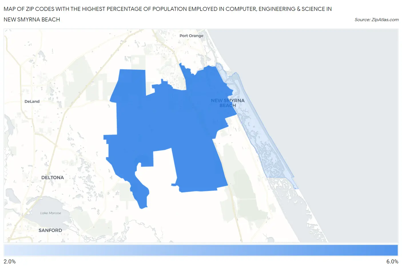 Zip Codes with the Highest Percentage of Population Employed in Computer, Engineering & Science in New Smyrna Beach Map