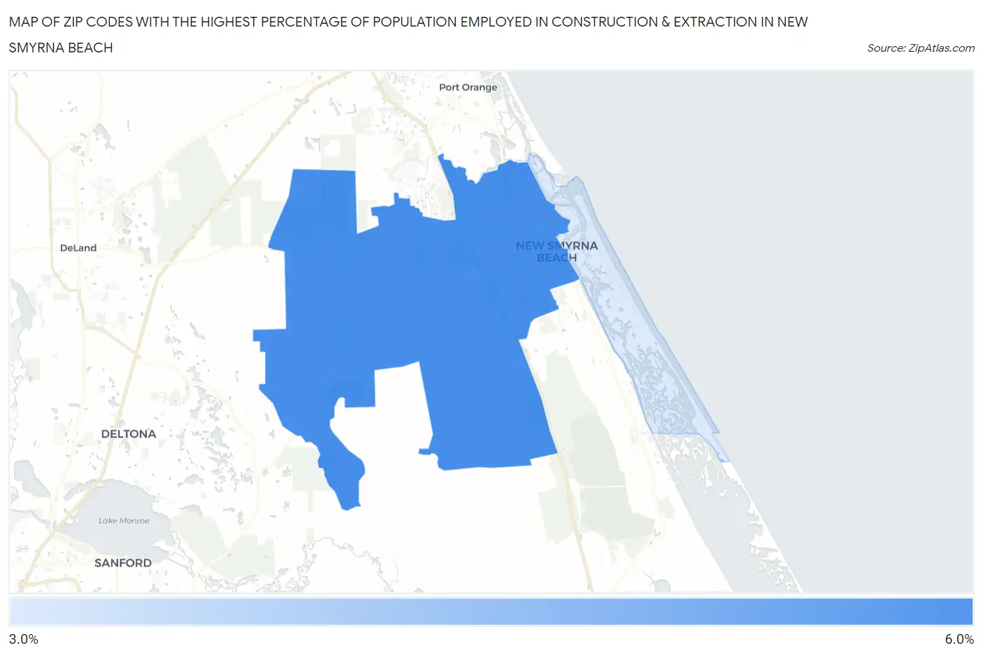 Zip Codes with the Highest Percentage of Population Employed in Construction & Extraction in New Smyrna Beach Map