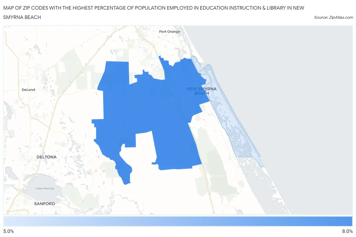 Zip Codes with the Highest Percentage of Population Employed in Education Instruction & Library in New Smyrna Beach Map