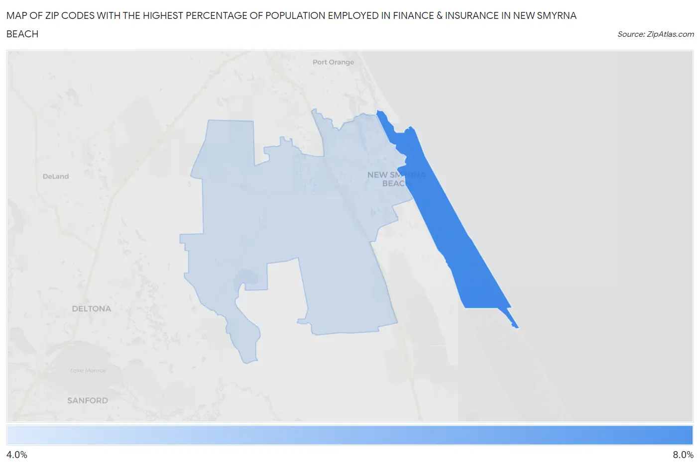 Zip Codes with the Highest Percentage of Population Employed in Finance & Insurance in New Smyrna Beach Map