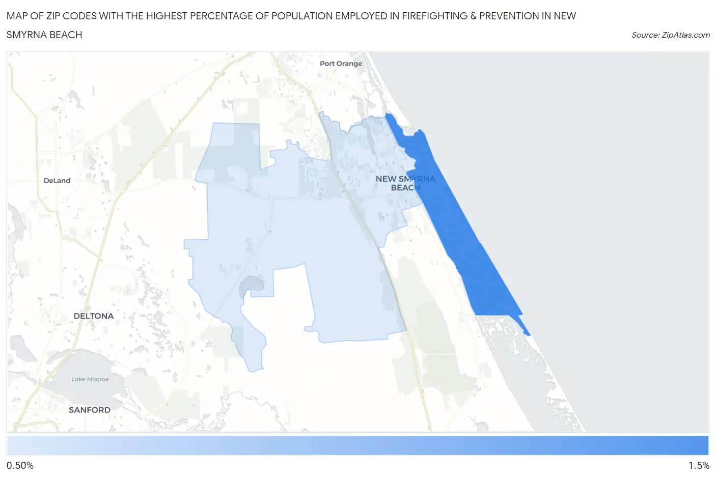 Zip Codes with the Highest Percentage of Population Employed in Firefighting & Prevention in New Smyrna Beach Map