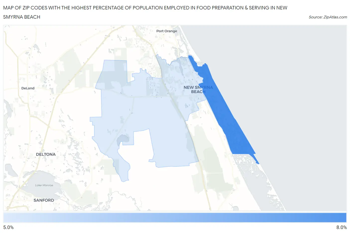 Zip Codes with the Highest Percentage of Population Employed in Food Preparation & Serving in New Smyrna Beach Map