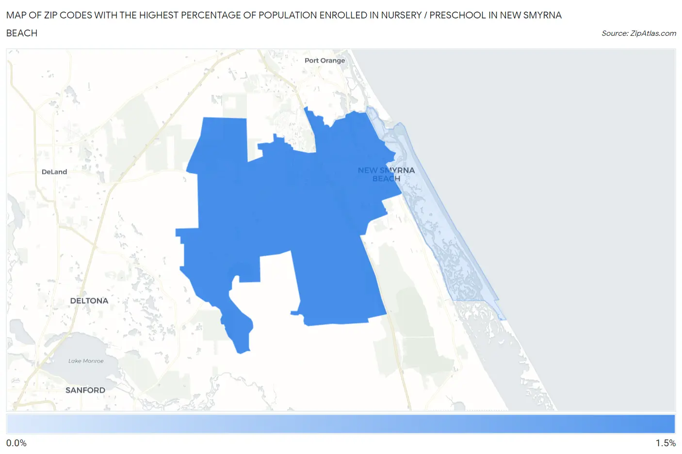 Zip Codes with the Highest Percentage of Population Enrolled in Nursery / Preschool in New Smyrna Beach Map