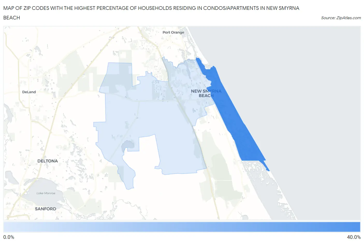 Zip Codes with the Highest Percentage of Households Residing in Condos/Apartments in New Smyrna Beach Map
