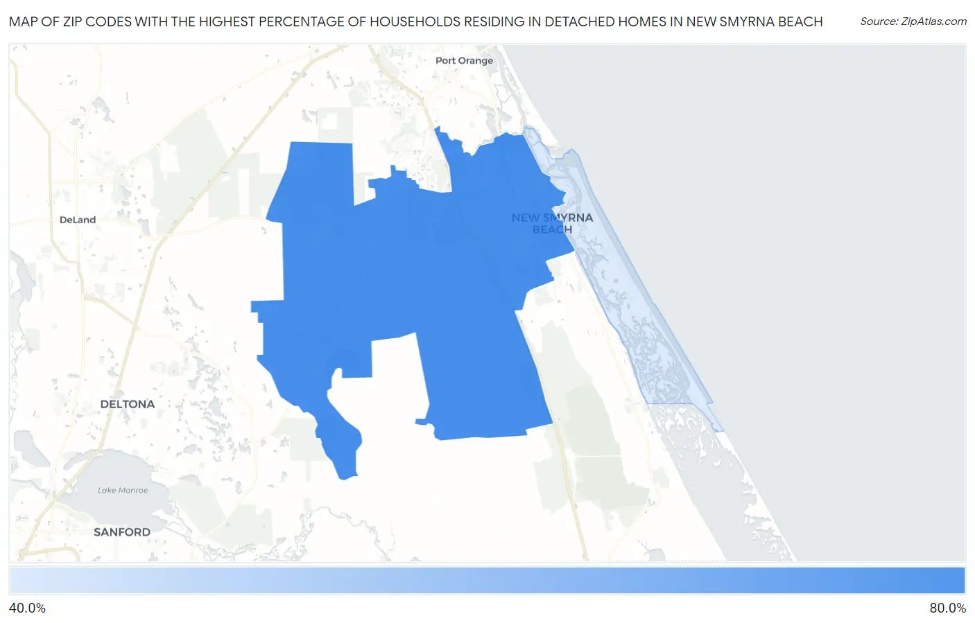 Zip Codes with the Highest Percentage of Households Residing in Detached Homes in New Smyrna Beach Map