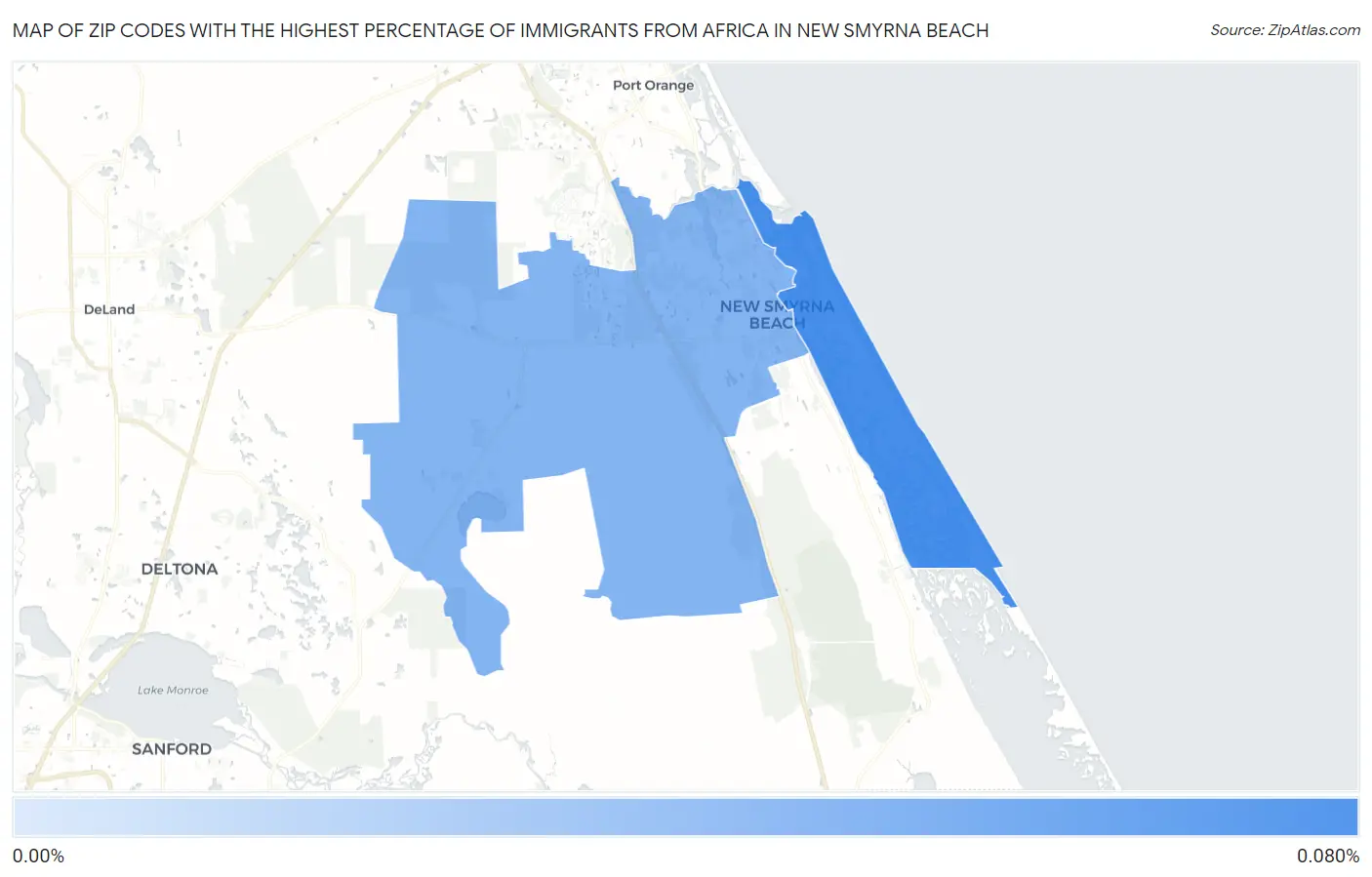Zip Codes with the Highest Percentage of Immigrants from Africa in New Smyrna Beach Map