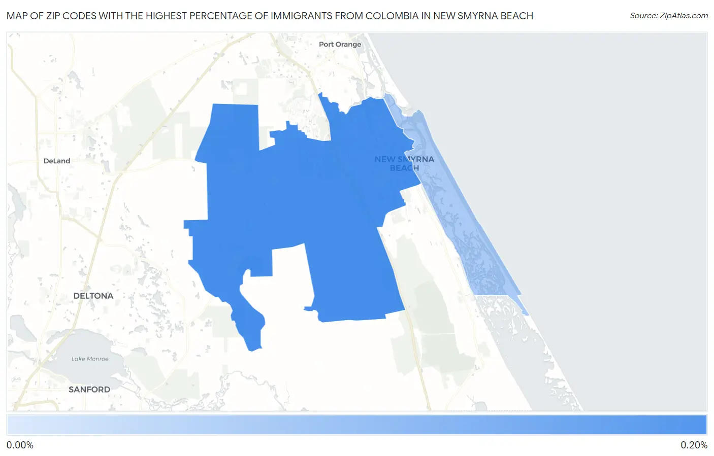Zip Codes with the Highest Percentage of Immigrants from Colombia in New Smyrna Beach Map