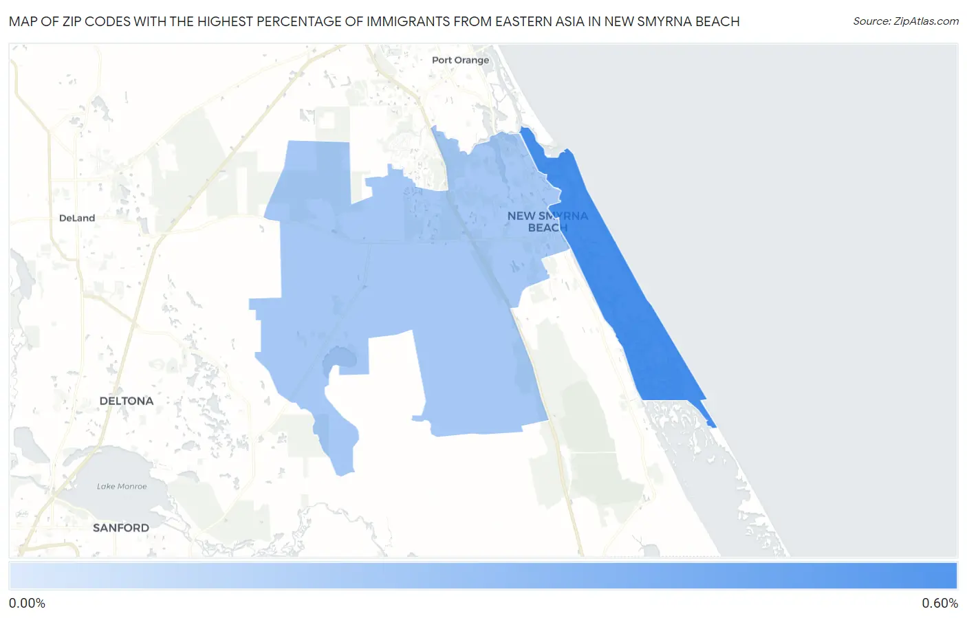 Zip Codes with the Highest Percentage of Immigrants from Eastern Asia in New Smyrna Beach Map