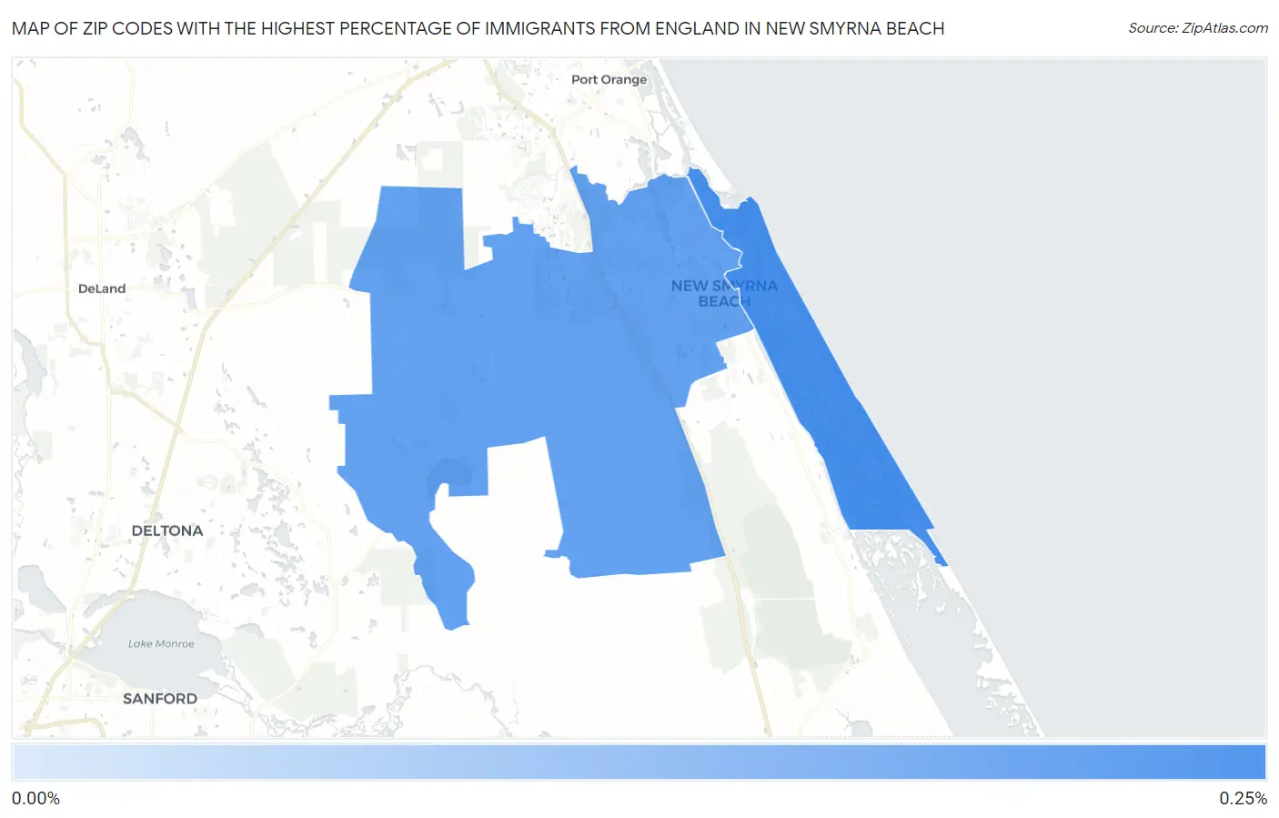 Zip Codes with the Highest Percentage of Immigrants from England in New Smyrna Beach Map