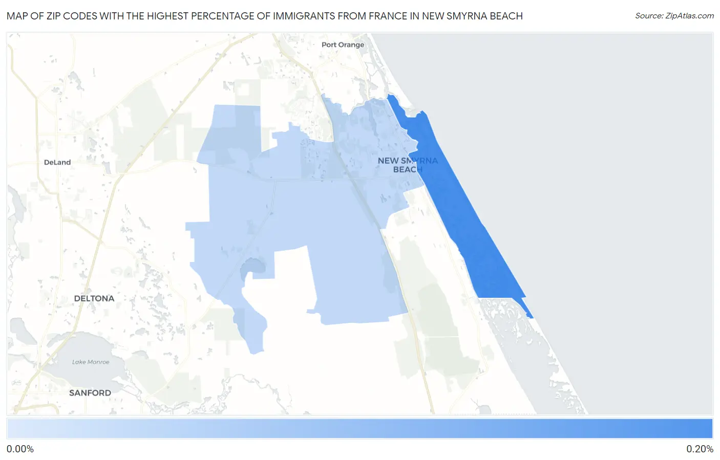 Zip Codes with the Highest Percentage of Immigrants from France in New Smyrna Beach Map