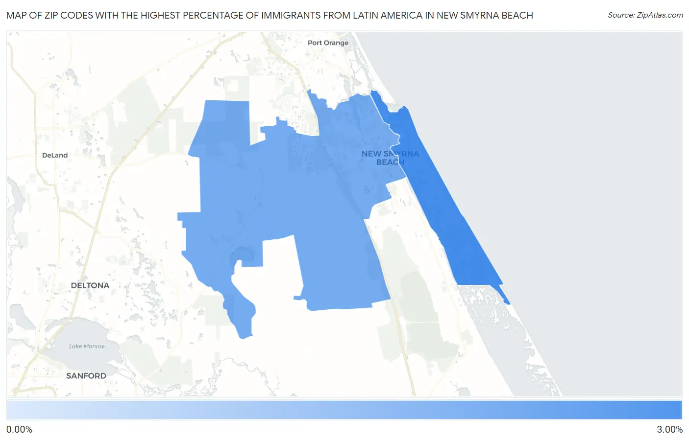 Zip Codes with the Highest Percentage of Immigrants from Latin America in New Smyrna Beach Map