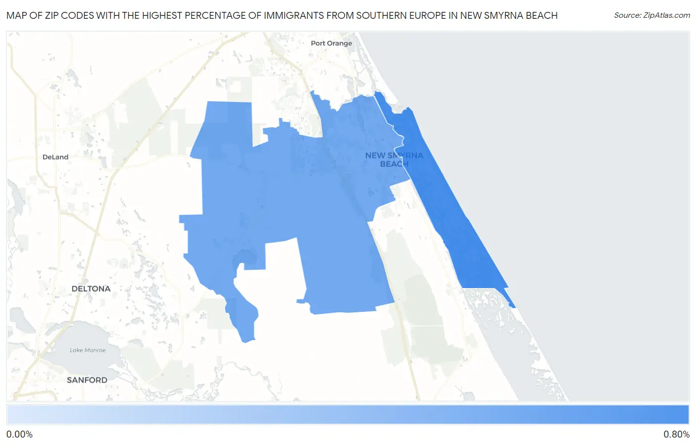 Zip Codes with the Highest Percentage of Immigrants from Southern Europe in New Smyrna Beach Map