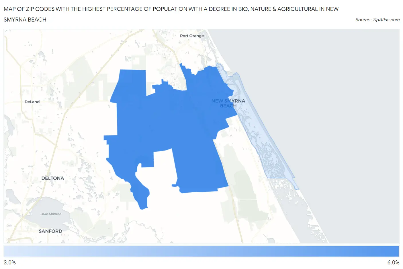 Zip Codes with the Highest Percentage of Population with a Degree in Bio, Nature & Agricultural in New Smyrna Beach Map