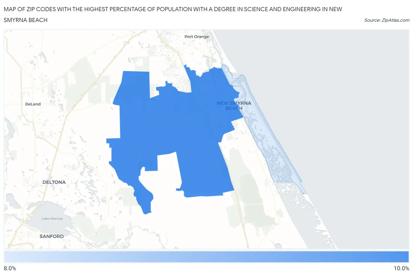 Zip Codes with the Highest Percentage of Population with a Degree in Science and Engineering in New Smyrna Beach Map