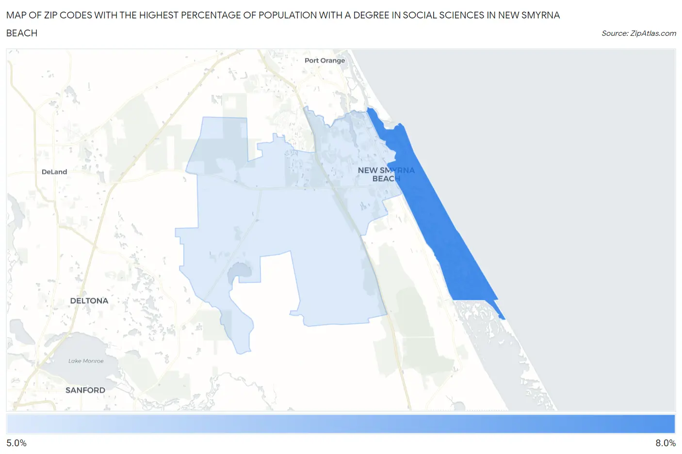 Zip Codes with the Highest Percentage of Population with a Degree in Social Sciences in New Smyrna Beach Map