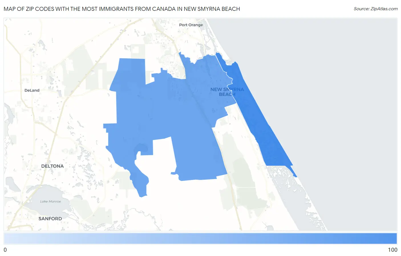 Zip Codes with the Most Immigrants from Canada in New Smyrna Beach Map