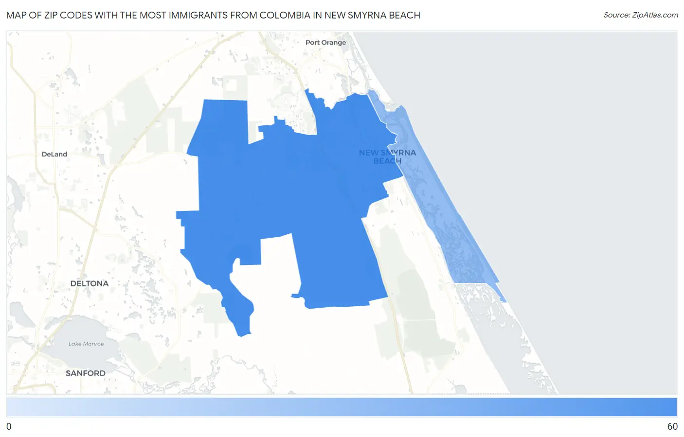 Zip Codes with the Most Immigrants from Colombia in New Smyrna Beach Map