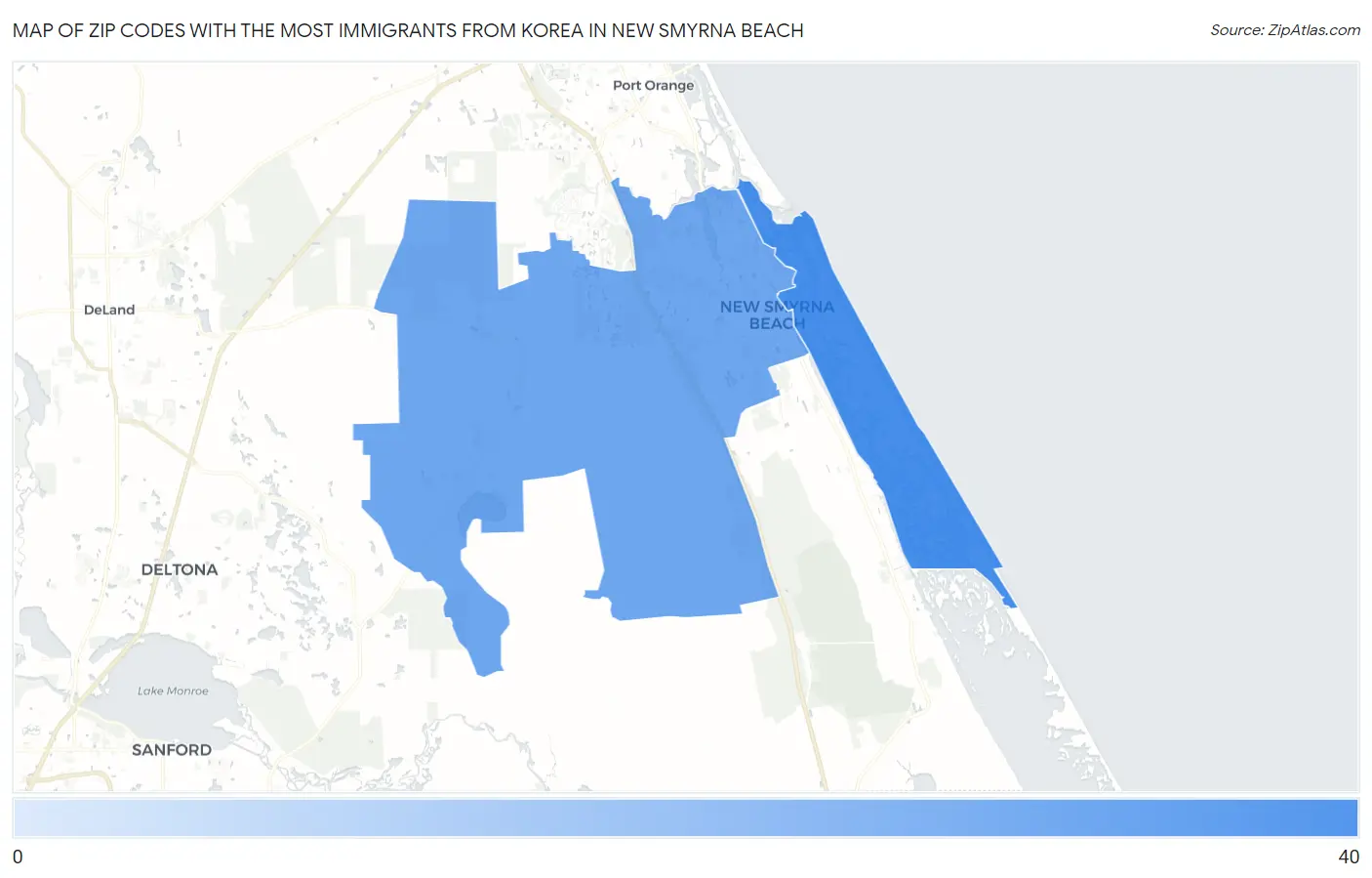Zip Codes with the Most Immigrants from Korea in New Smyrna Beach Map