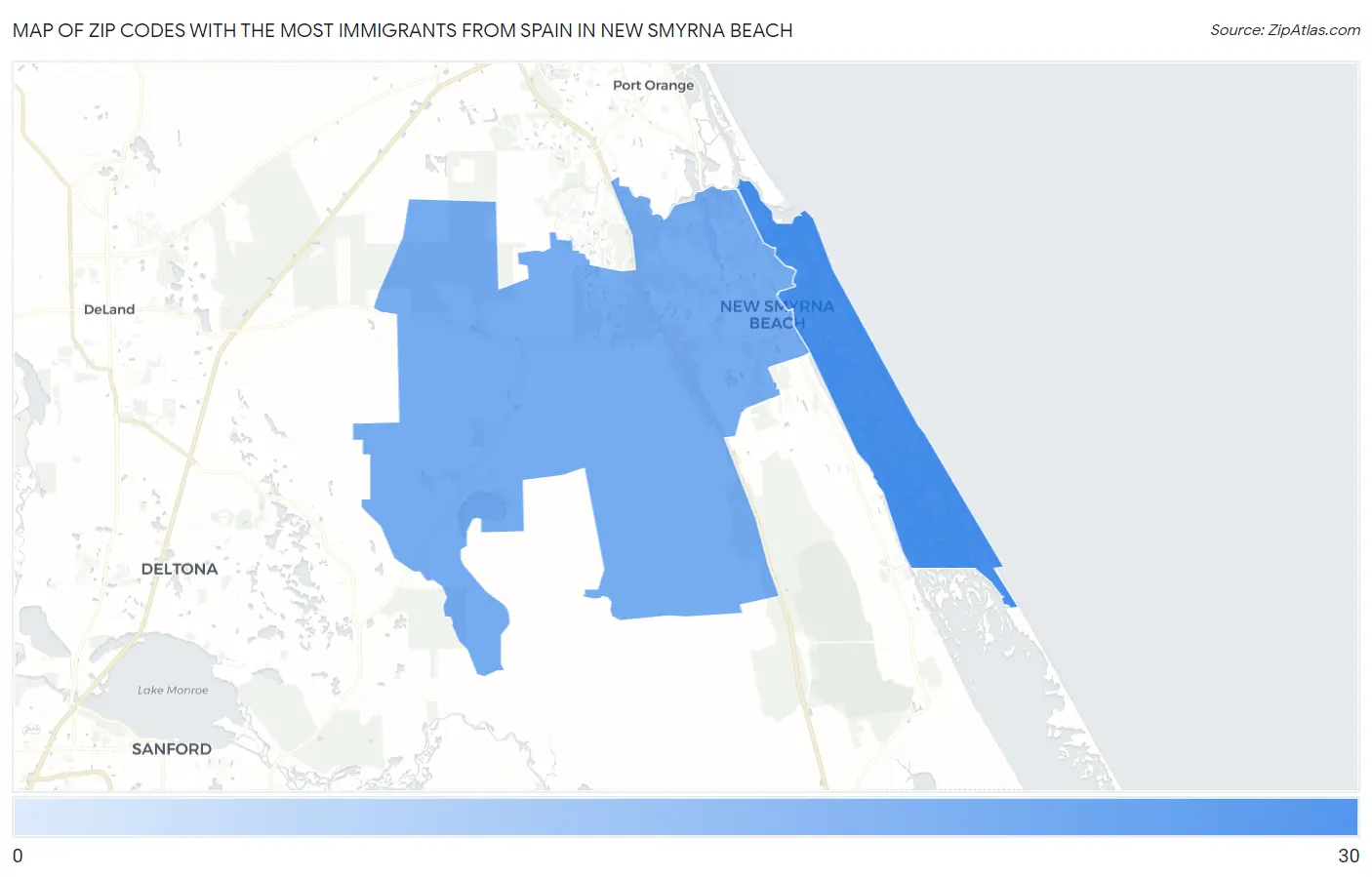 Zip Codes with the Most Immigrants from Spain in New Smyrna Beach Map