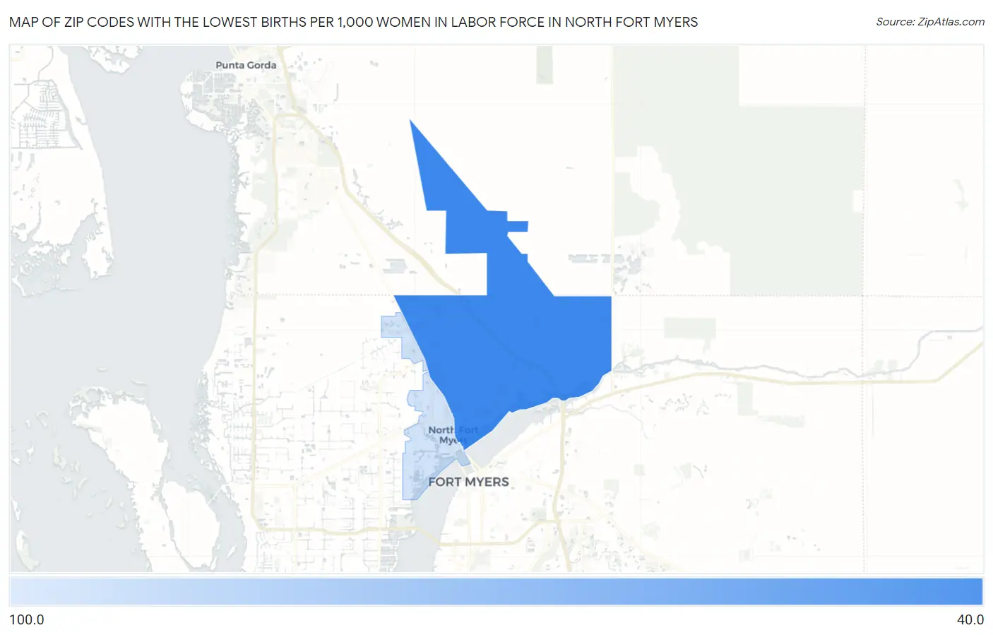 Zip Codes with the Lowest Births per 1,000 Women in Labor Force in North Fort Myers Map