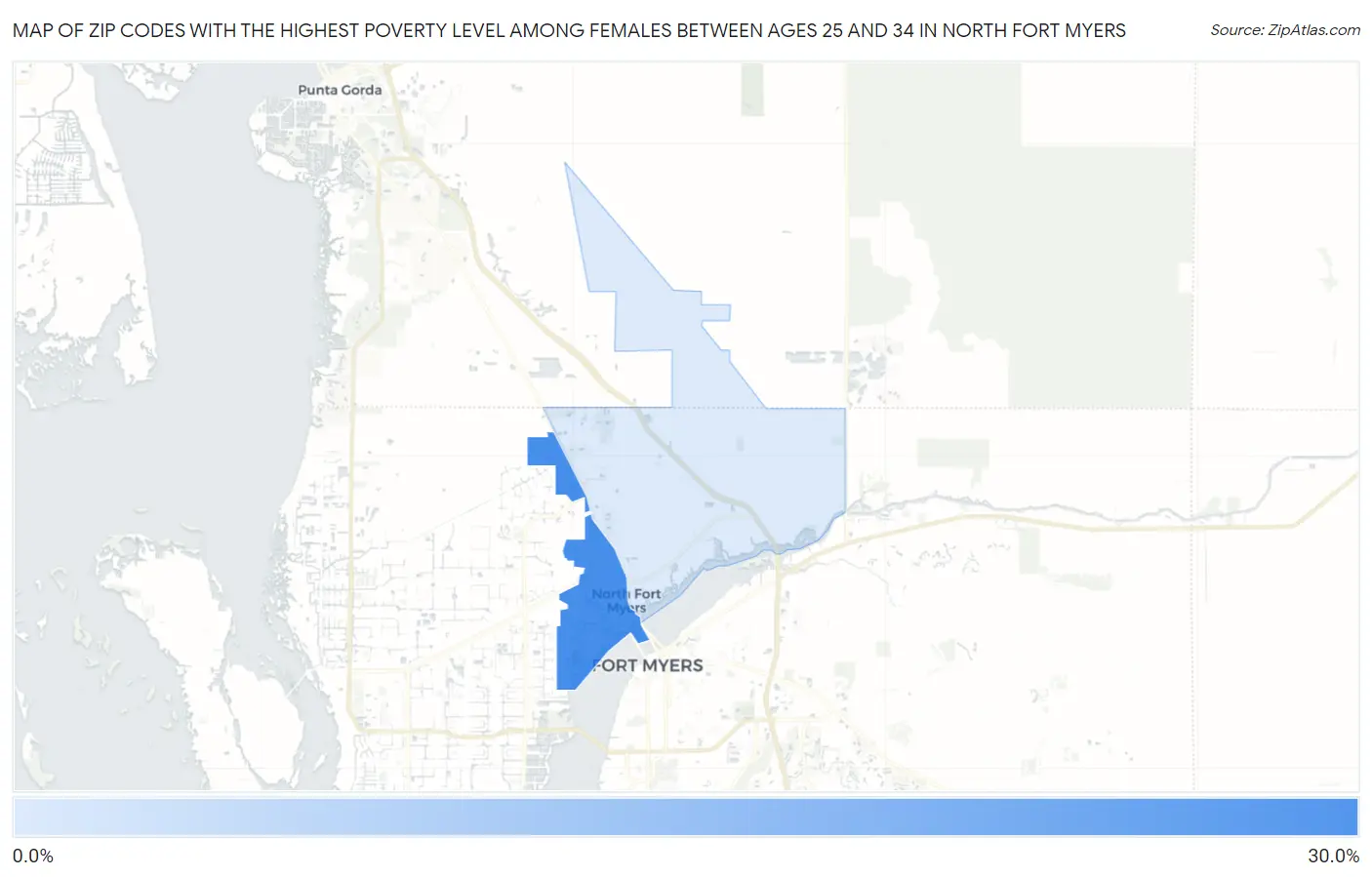 Zip Codes with the Highest Poverty Level Among Females Between Ages 25 and 34 in North Fort Myers Map