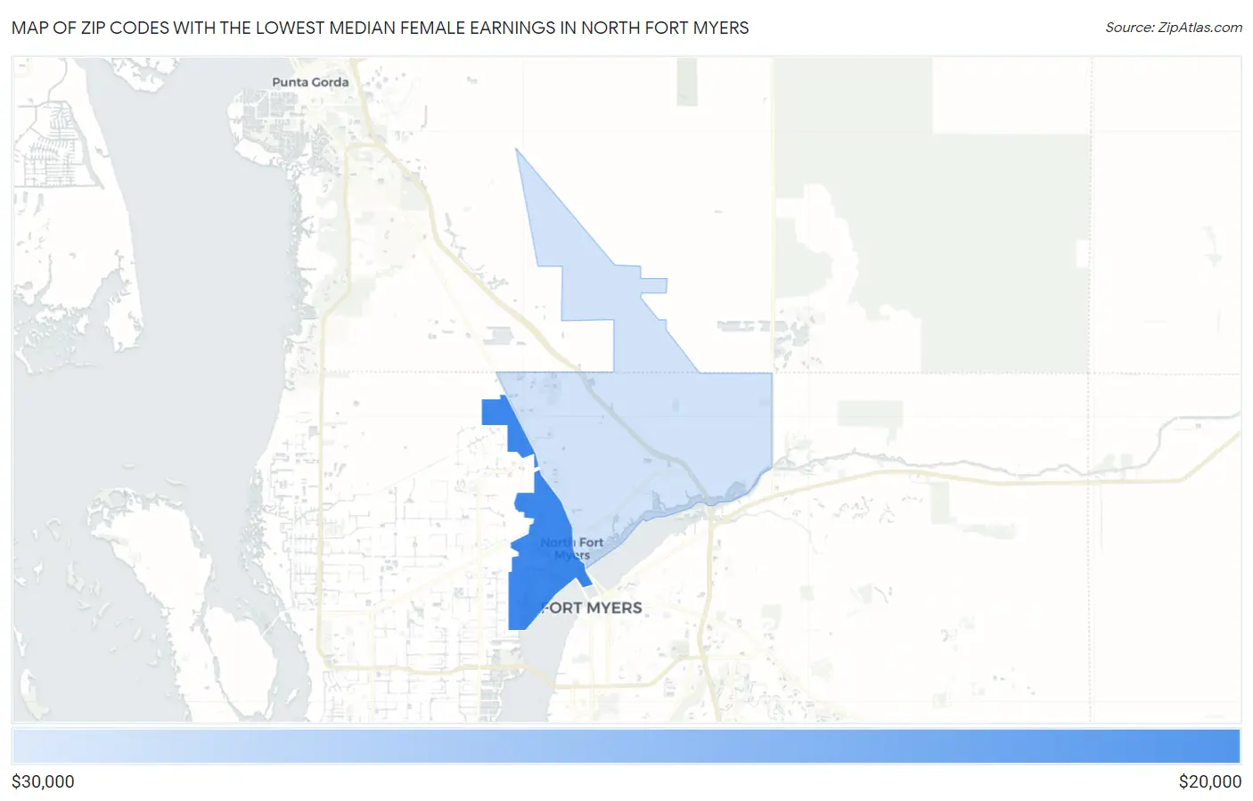Zip Codes with the Lowest Median Female Earnings in North Fort Myers Map