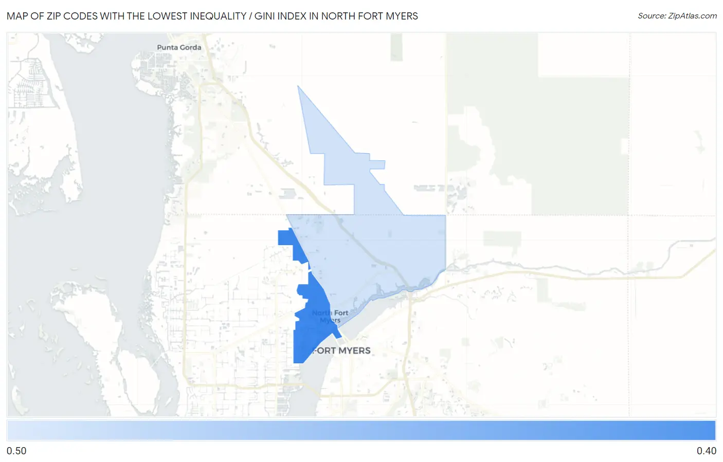 Zip Codes with the Lowest Inequality / Gini Index in North Fort Myers Map