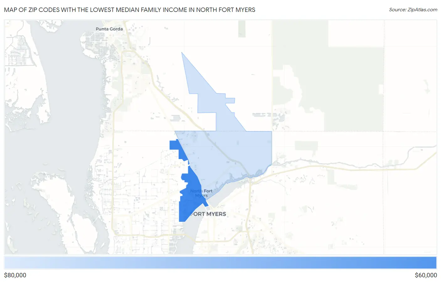 Zip Codes with the Lowest Median Family Income in North Fort Myers Map