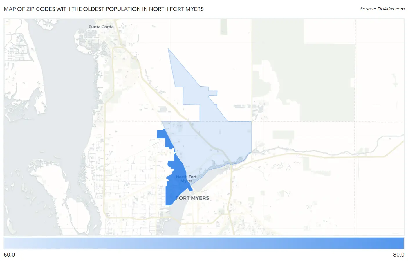 Zip Codes with the Oldest Population in North Fort Myers Map