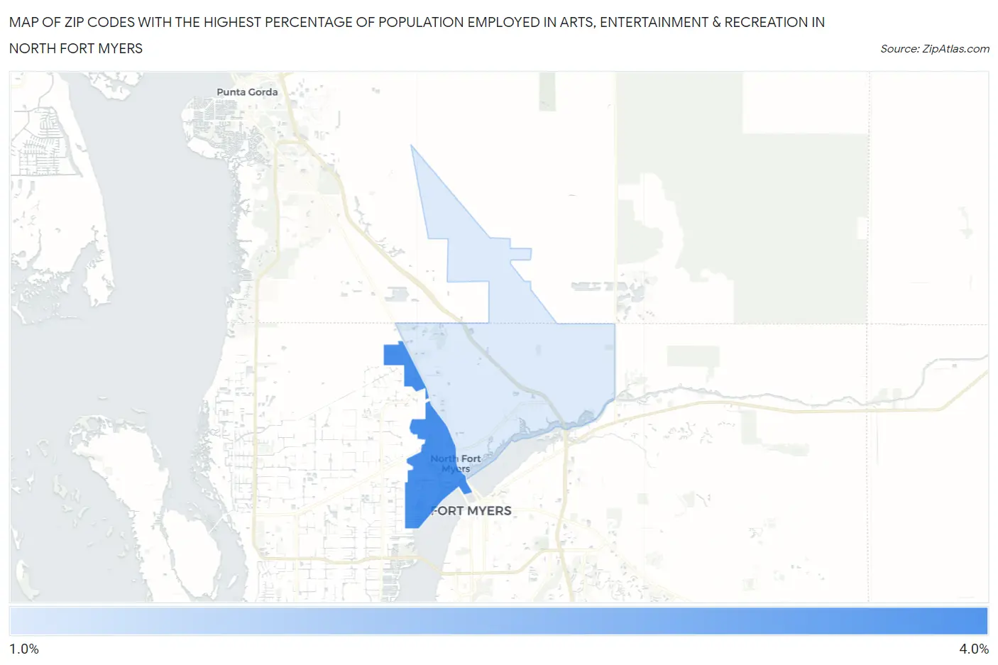 Zip Codes with the Highest Percentage of Population Employed in Arts, Entertainment & Recreation in North Fort Myers Map
