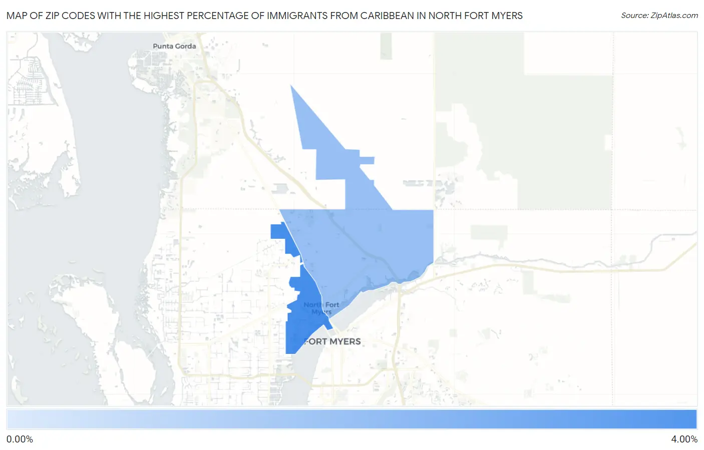 Zip Codes with the Highest Percentage of Immigrants from Caribbean in North Fort Myers Map