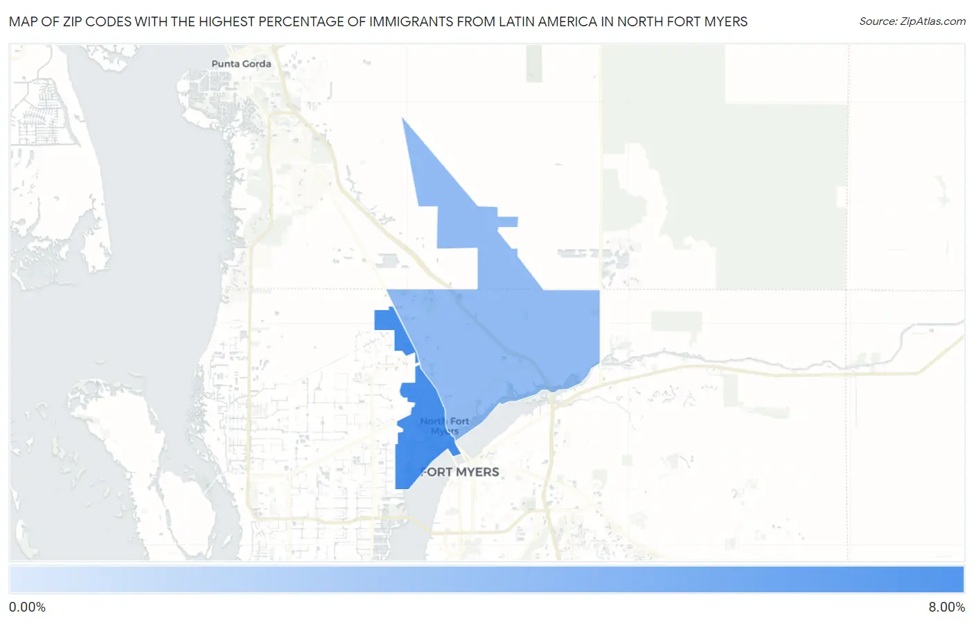 Zip Codes with the Highest Percentage of Immigrants from Latin America in North Fort Myers Map